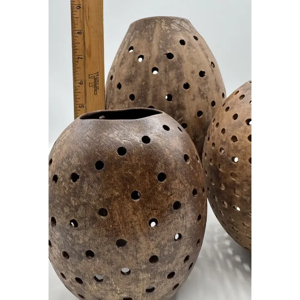 3 Piece Coconut Shell Candle Holders Set Hollow Pierced Handmade Natural Rustic